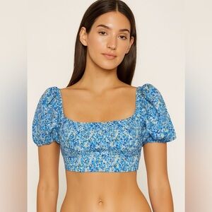 Splendid Blue Floral Longline Puff Sleeve Bikini Top - Size Large